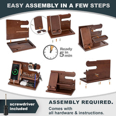 Gifts for Men Wood Phone Docking Station – Solid Nightstand Organizer with Key Holder, Wallet & Watch Stand, Wooden Desk Organiser for Husband, Boyfriend & Dad, (Brown)