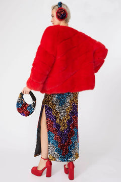 Gaga Faux Fur Striped Red Coat