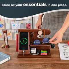 Gifts for Men Wood Phone Docking Station – Solid Nightstand Organizer with Key Holder, Wallet & Watch Stand, Wooden Desk Organiser for Husband, Boyfriend & Dad, (Brown)