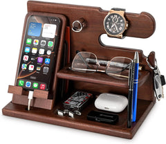 Gifts for Men Wood Phone Docking Station – Solid Nightstand Organizer with Key Holder, Wallet & Watch Stand, Wooden Desk Organiser for Husband, Boyfriend & Dad, (Brown)