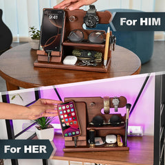 Gifts for Men Wood Phone Docking Station – Solid Nightstand Organizer with Key Holder, Wallet & Watch Stand, Wooden Desk Organiser for Husband, Boyfriend & Dad, (Brown)