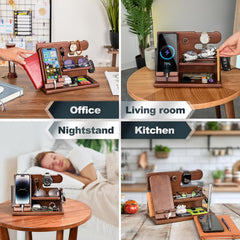 Gifts for Men Wood Phone Docking Station – Solid Nightstand Organizer with Key Holder, Wallet & Watch Stand, Wooden Desk Organiser for Husband, Boyfriend & Dad, (Brown)